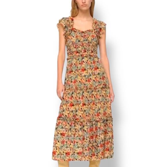 Sea New York Ensley Flutter Sleeve Silk Floral Midi Dress Yellow Ruffle Large - Picture 15 of 15